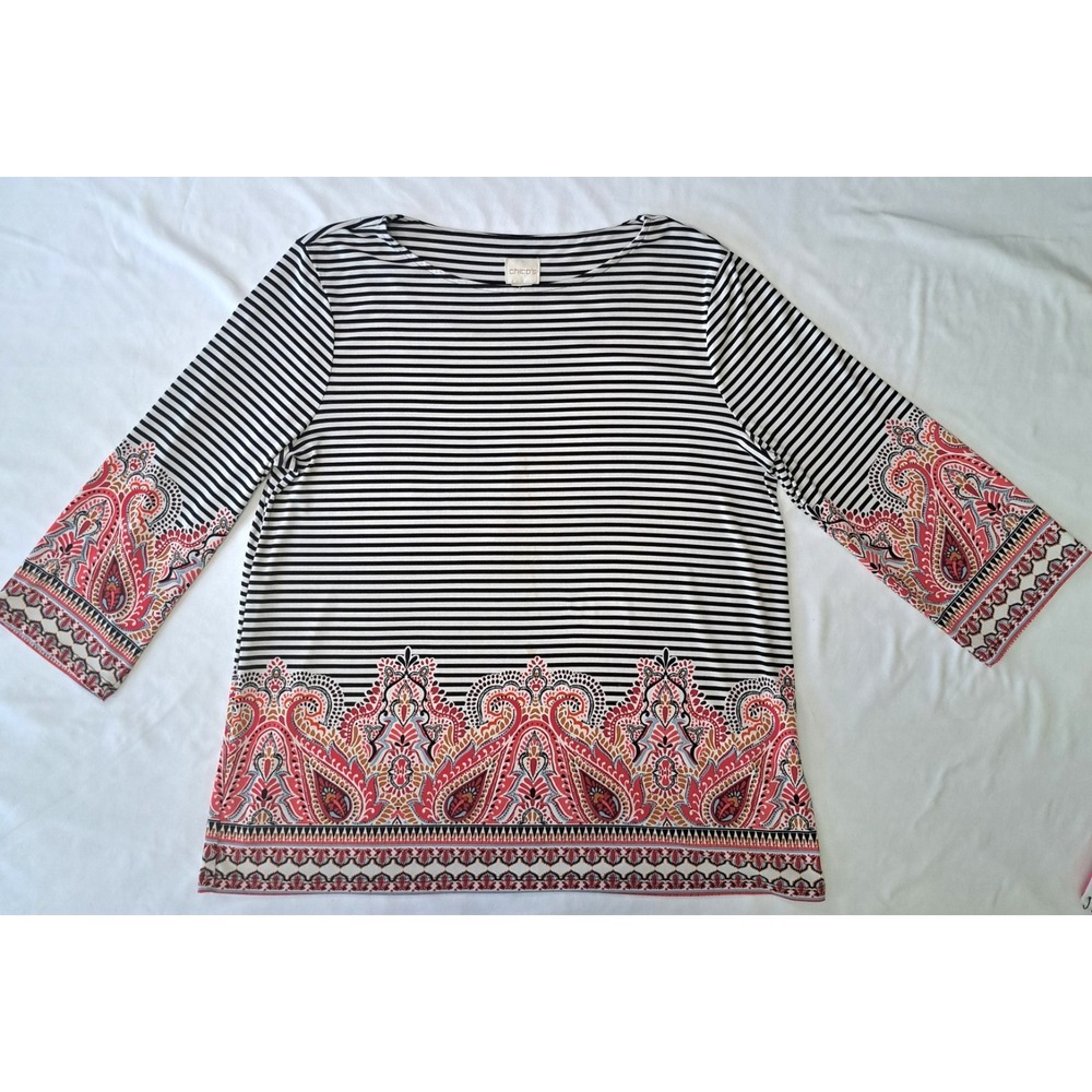 Chico's‎ Women's Paisley Stripe 3/4 Sleeve Top Sz 1 Business Casual Preppy Chic